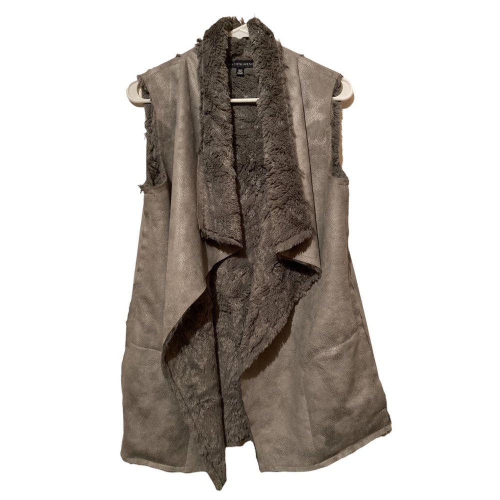Saks Fifth Avenue Womens Open Front Vest Gray Asymmetric Hem Faux Fur Suede XS
